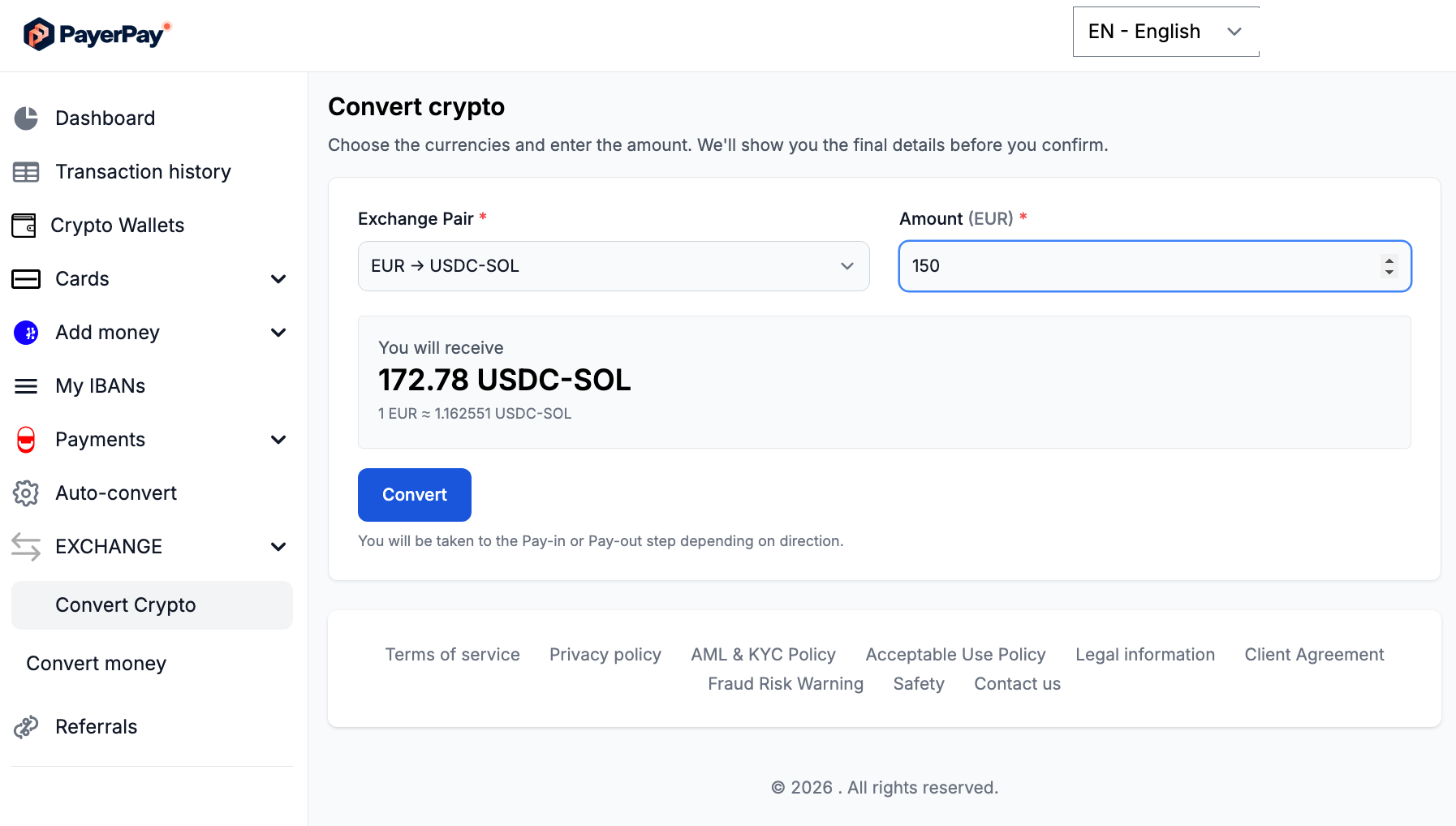 Convert Crypto — choosing the EUR to USDC-SOL pair and amount