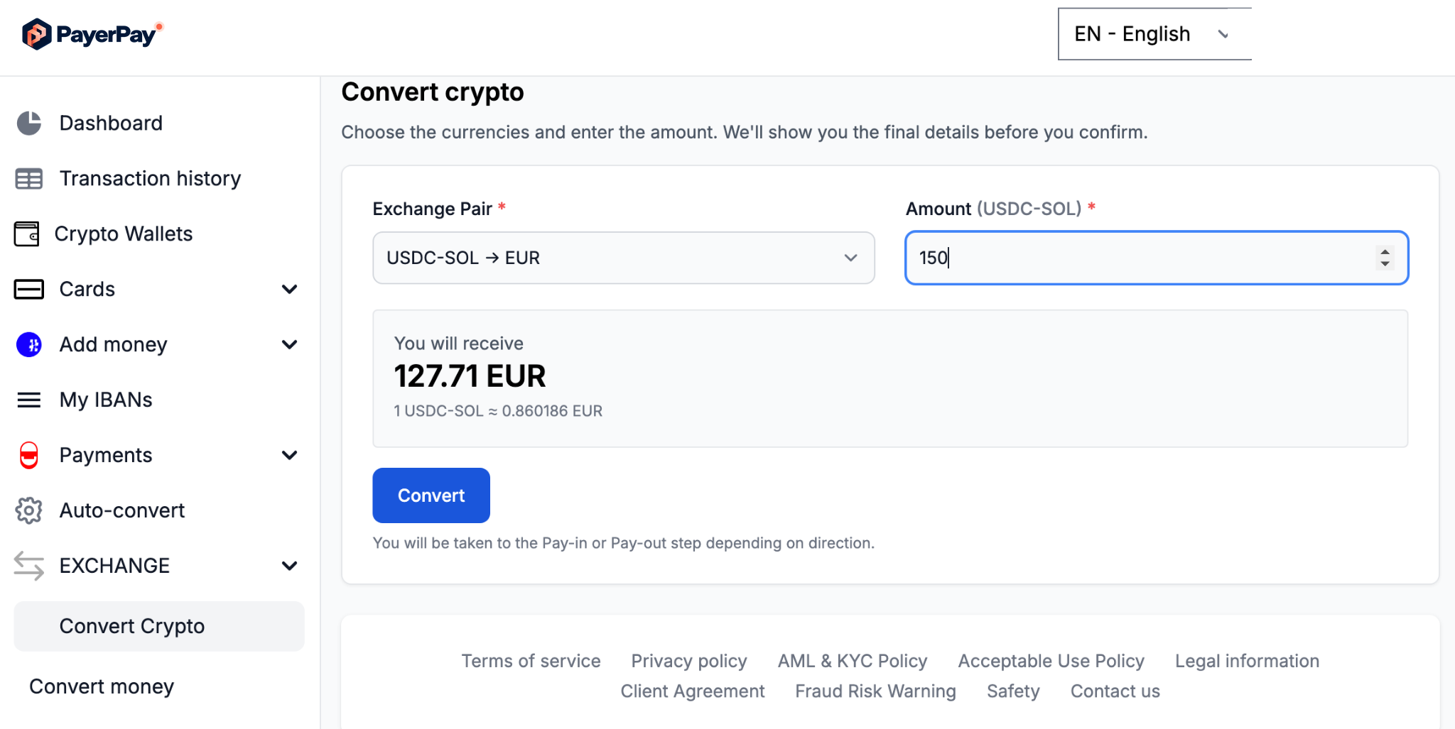 Convert Crypto — the USDC-SOL to EUR sell direction