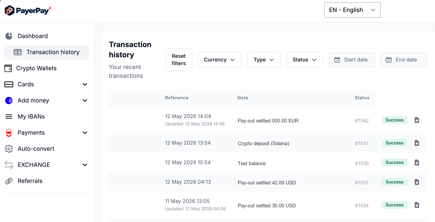 Transaction history — references, notes and statuses