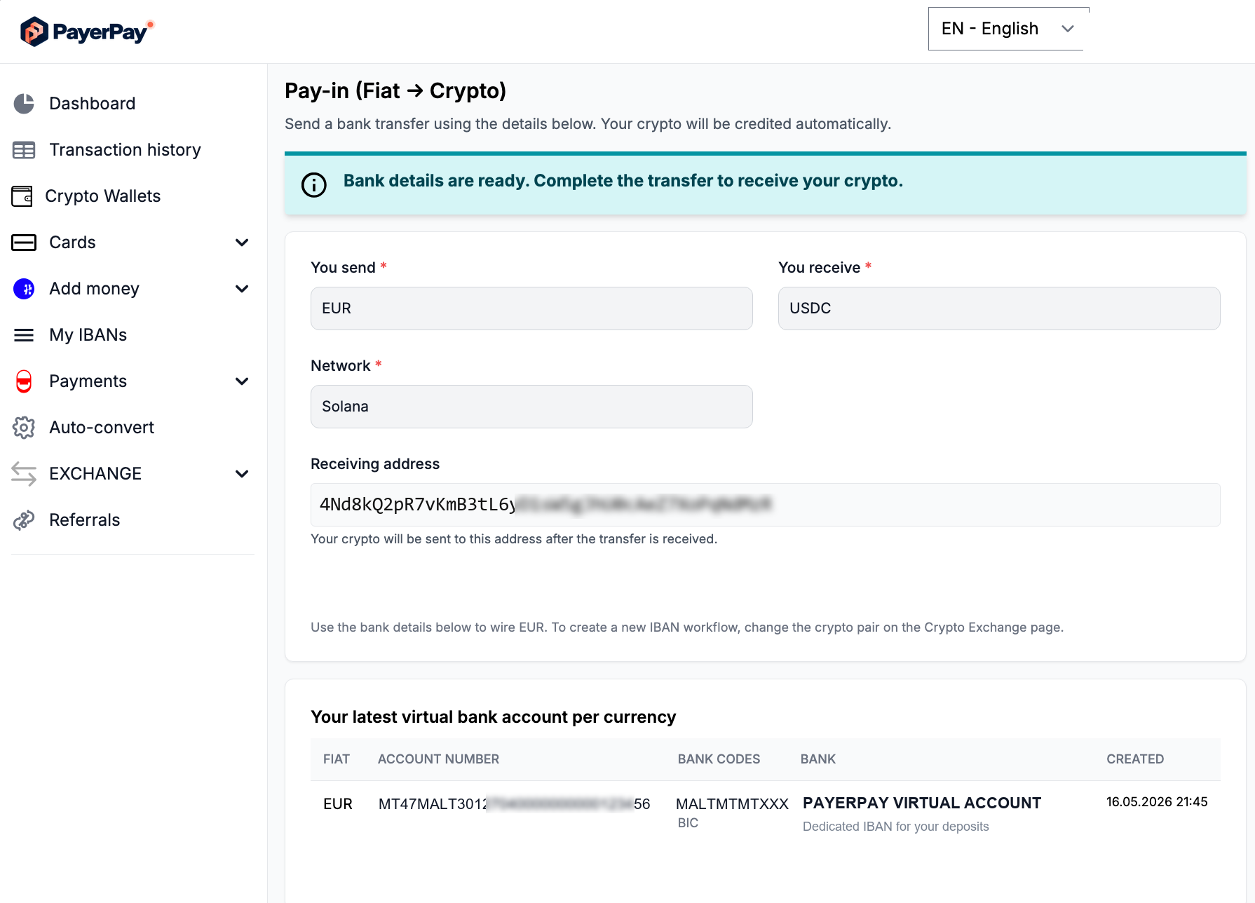 Pay-in bank details ready for the transfer