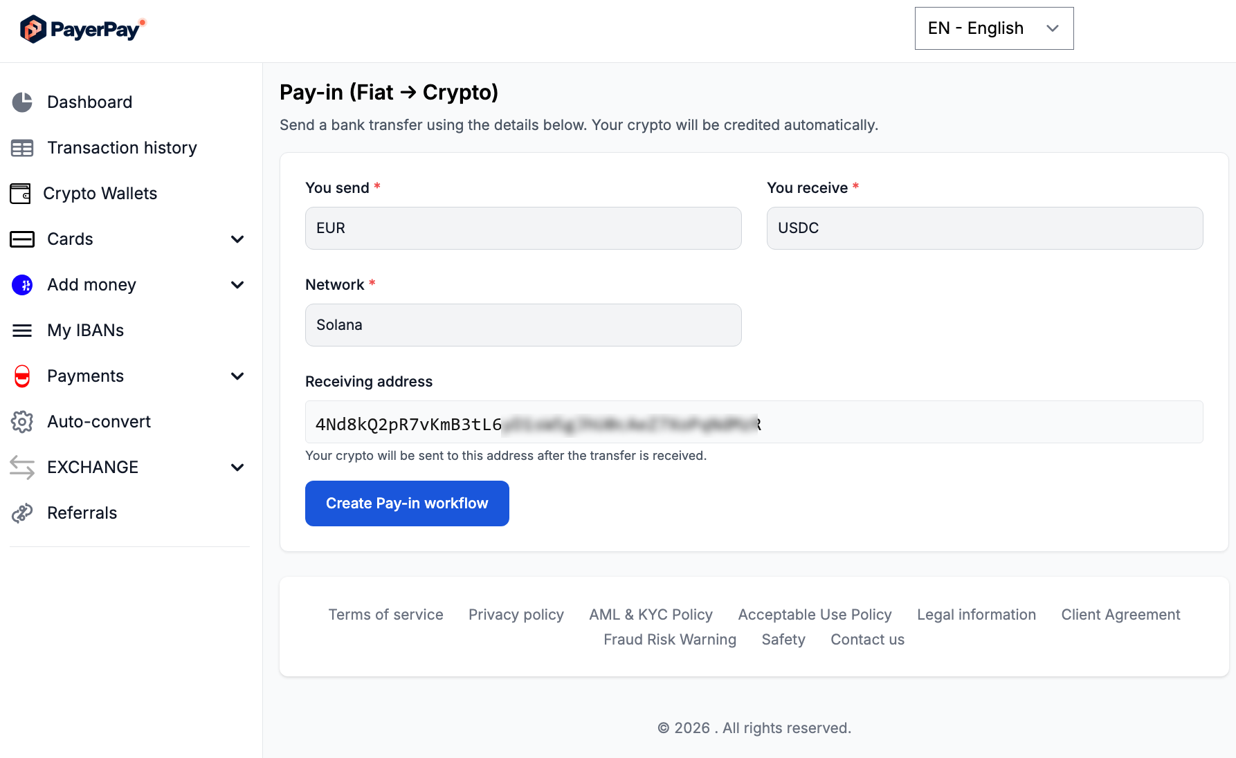 Pay-in page — parameters and Create Pay-in workflow button